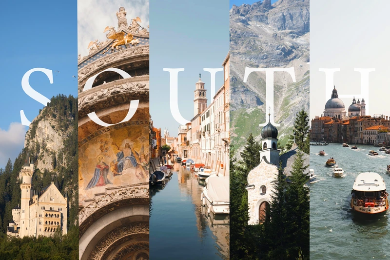 Titelbild „The South“: fünf Bildstreifen von Schloss, Mosaik, Kanal, Kirchturm und Venedig