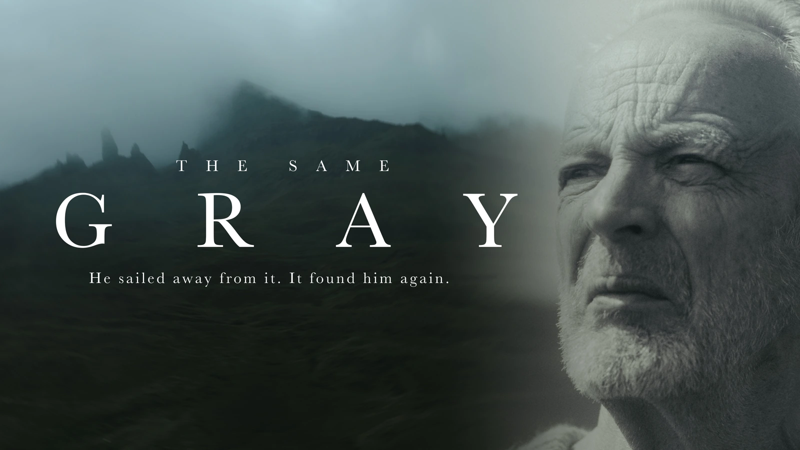 Titelbild „The Same Gray“: Porträt eines älteren Mannes vor nebligen Bergen