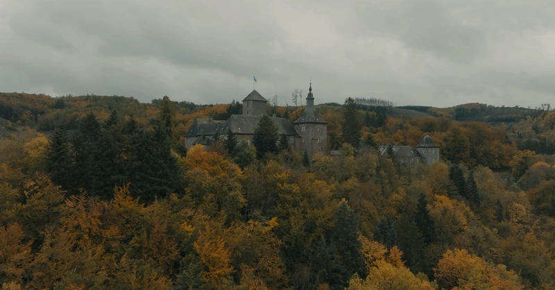 Standbild aus dem Sauerland-Film: eine Burg über herbstlichem Wald